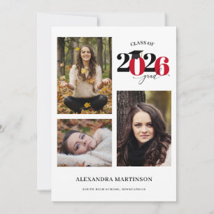 Invitación Graduado 3 Fotos Collage Clase Roja de 2023