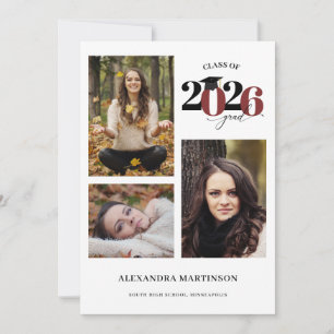 Invitación Graduado 3 Fotos Collage Maroon Class de 2023