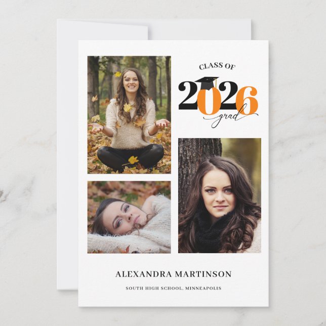 Invitación Graduado 3 Fotos Collage Naranja Class de 2023 (Anverso)