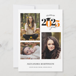 Invitación Graduado 3 Fotos Collage Naranja Class de 2023