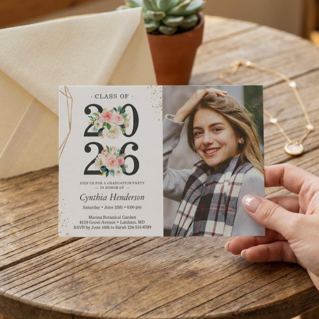 Invitación Graduado chica Foto Rubor Graduación Floral Rosa (Subido por el creador)