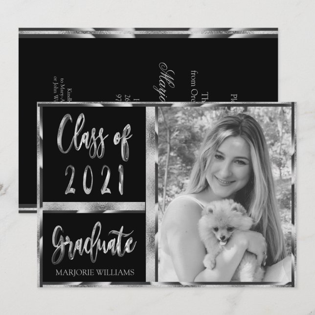 Invitación Graduado Clase de 2021 Guión negro y plateado (Anverso / Reverso)