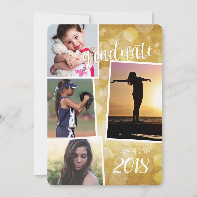 Invitación Graduado Clase de 20__ Bokeh de Oro con 4 fotos (Anverso)