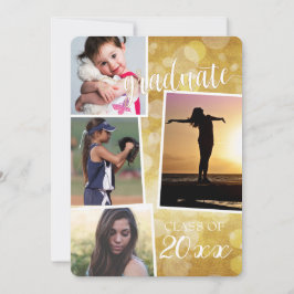 Invitación Graduado Clase de 20__ Bokeh de Oro con 4 fotos In