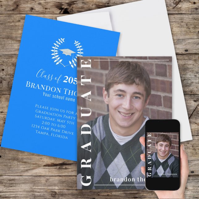 Invitación Graduado Classic Photo Simple Laureado Azure Blue (Subido por el creador)