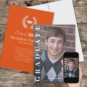 Invitación Graduado Classic Photo Simple Laureate Naranja