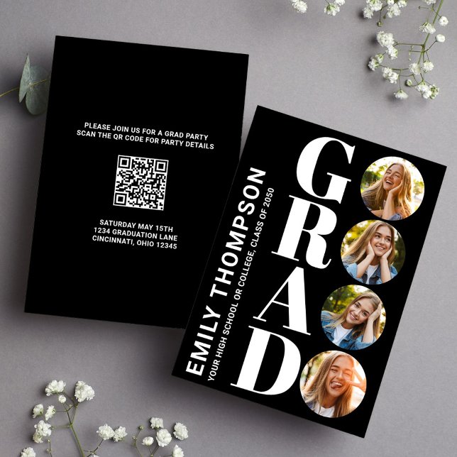 Invitación Graduado Collage de fotos blanco y negro moderno (Graduate "GRAD" typography photo collage invitation announcement. )
