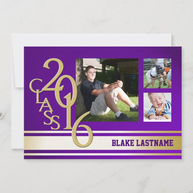 Invitación Graduado de banda Gold Purple Varsity Stripe Tri P (Anverso)