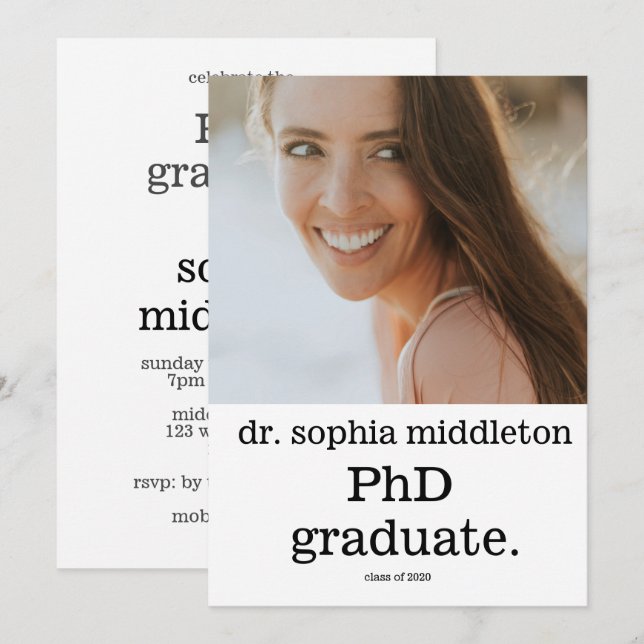 Invitación Graduado de doctorado simple foto moderna fuente m (Anverso / Reverso)