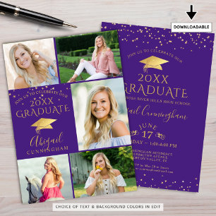 Invitación Graduado de elegante foto-collage de oro y púrpura