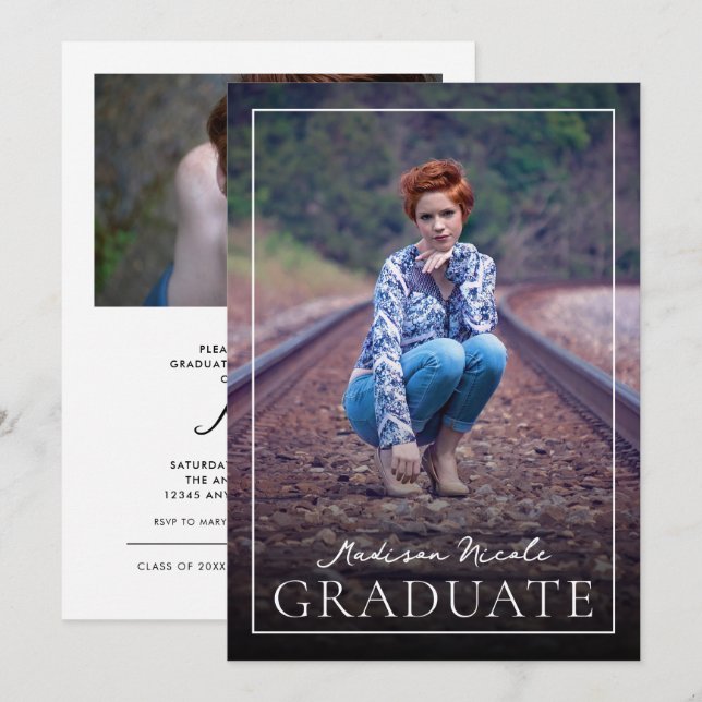 Invitación Graduado de escritura moderna 2 Graduación de foto (Anverso / Reverso)