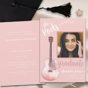 Invitación Graduado de escritura moderna Foto Guitarra rosa