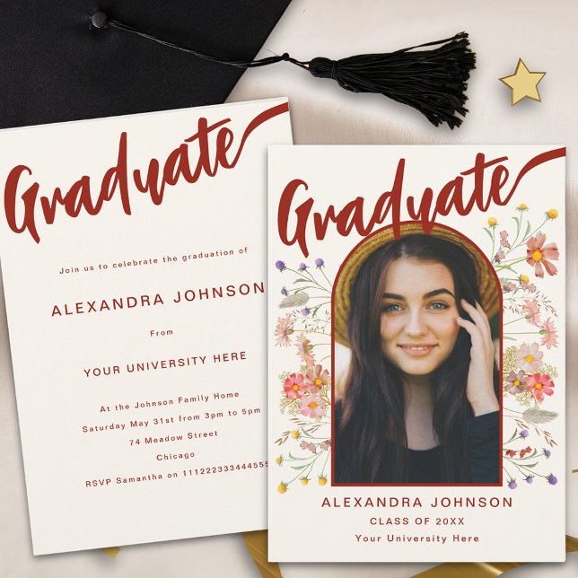 Invitación Graduado de Floral Boho Foto Partido de Graduación (Boho wildflower arch graduate photo stylish burnt orange calligraphy graduation party invitation )