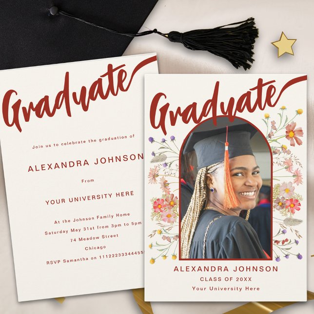 Invitación Graduado de Floral Boho Foto Partido de Graduación (Boho floral arch graduate photo burnt orange calligraphy script graduation party invitation )