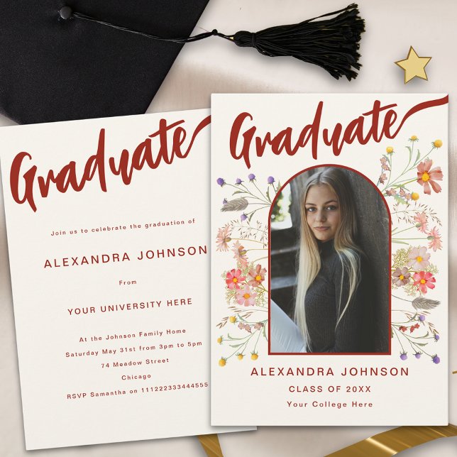 Invitación Graduado de Floral Boho Foto Partido de Graduación (Boho floral burnt orange script graduate photo arch graduation  party invitation wildflowers)