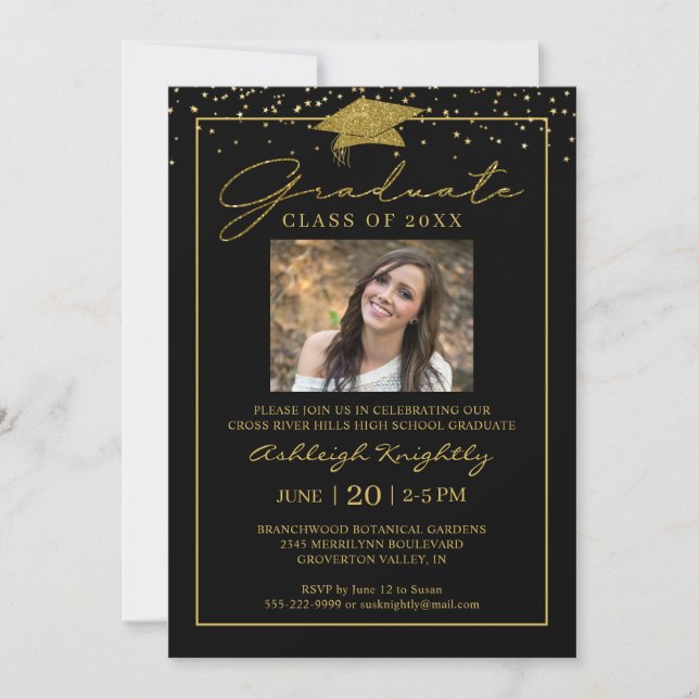 Invitación Graduado de fotografías de Black Gold Confetti Scr (Anverso)