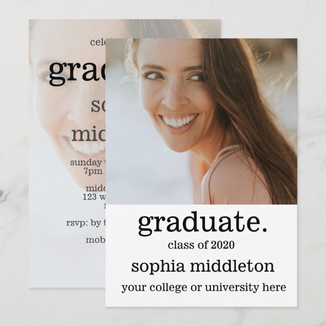 Invitación Graduado de Fotos Modernas Clase de 2020 Fiesta (Anverso / Reverso)