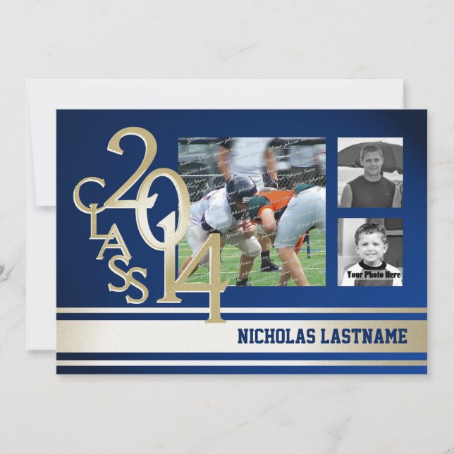 Invitación Graduado de franja azul de barro de oro Tri Photo  (Anverso)