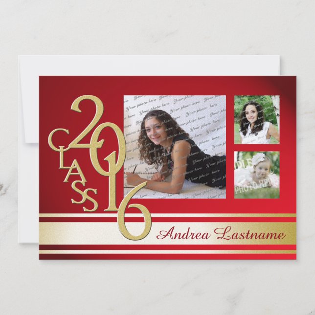 Invitación Graduado de franja de oro rojo 2016 Tri Photo (Anverso)