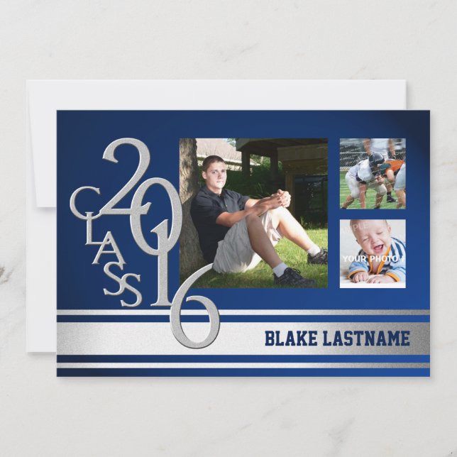 Invitación Graduado de franja de plata 2016 Tri Photo Blue (Anverso)