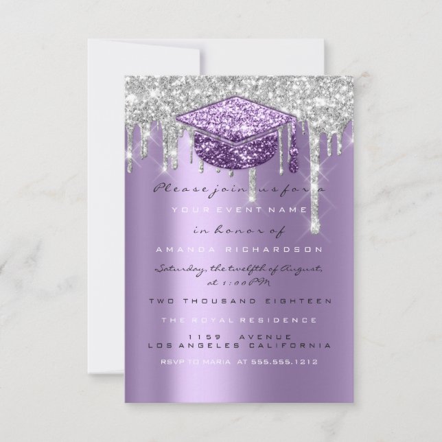 Invitación Graduado de gris morado de plata de Purpurina de c (Anverso)
