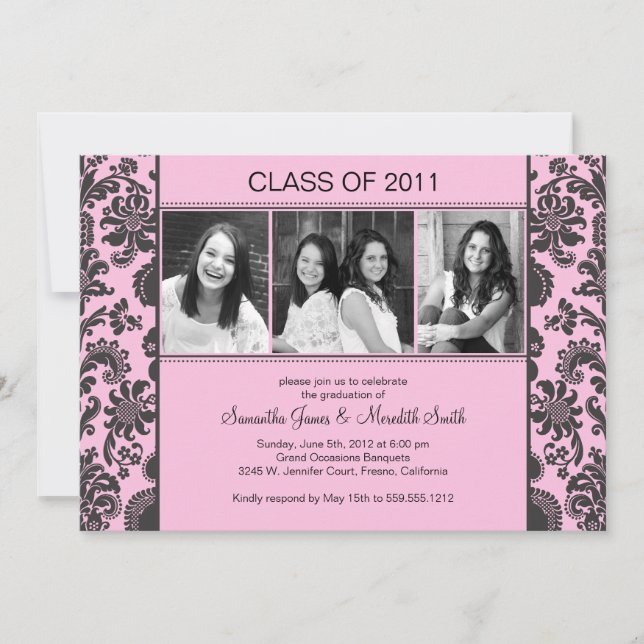 Invitación Graduado de la raya del damasco - rosa/negro (Anverso)