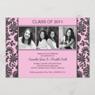 Invitación Graduado de la raya del damasco - rosa/negro