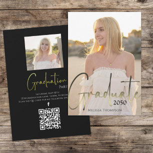 Invitación Graduado de oro Foto negra Código QR Medios social