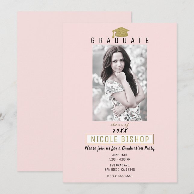 Invitación Graduado de oro rosado Foto fiesta moderna de grad (Anverso / Reverso)
