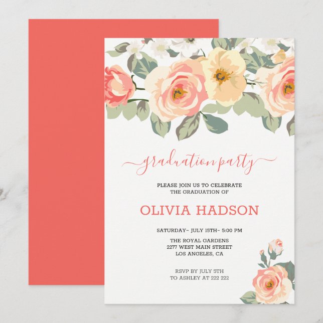 Invitación Graduado de Rosas de Rubor (Anverso / Reverso)