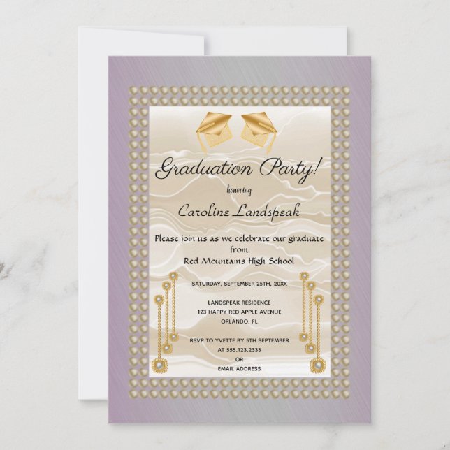 Invitación Graduado de seda crema y perlas de metal rosado (Anverso)