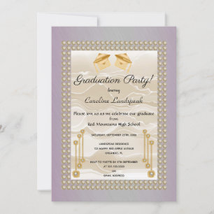 Invitación Graduado de seda crema y perlas de metal rosado