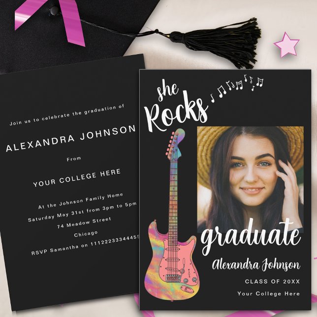 Invitación Graduado divertido foto Fiesta de graduados de esc (Fun Pink guitar graduate photo Black and white stylish script Graduation party invitation music )