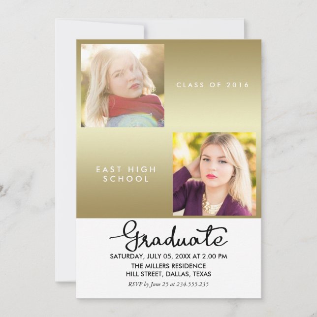 Invitación Graduado Dorado Moderno Dos Fotos (Anverso)
