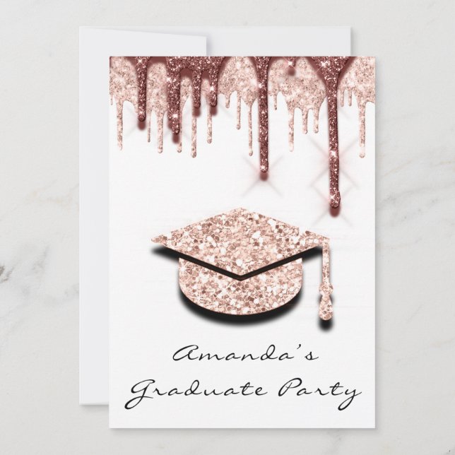 Invitación Graduado Drips Rosa Tapón de oro 3D Glam Wite (Reverso)