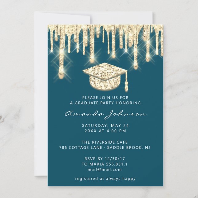Invitación Graduado Dris Purpurina de tapón de oro Glam Verde (Anverso)