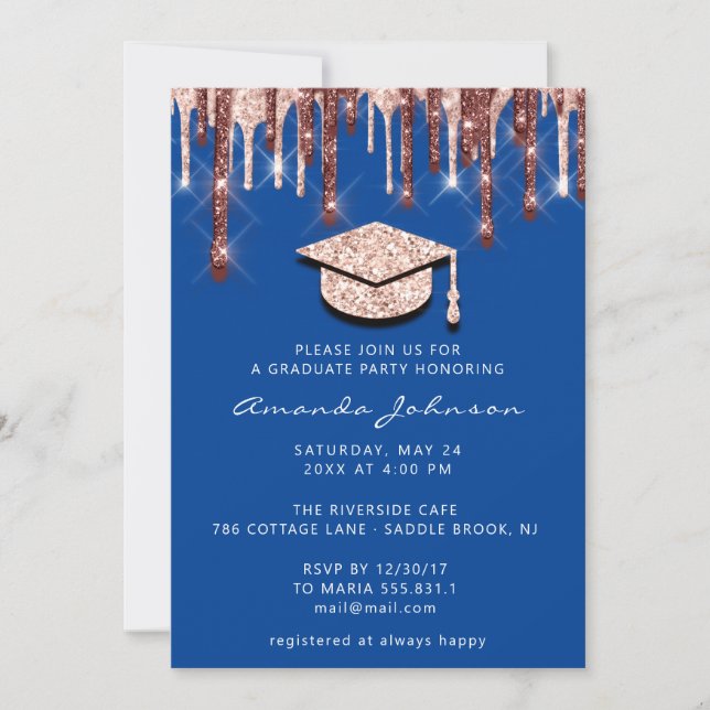Invitación Graduado Dris Rosa Tapón de oro 3D Glam Azul Real (Anverso)