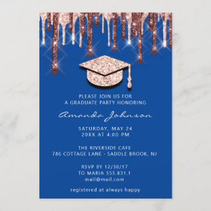 Invitación Graduado Dris Rosa Tapón de oro 3D Glam Azul Real