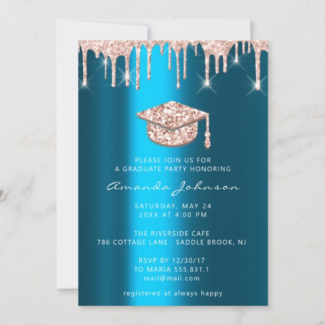 Invitación Graduado Dris Rosa Tapón de oro 3D Glam Azul Verde (Anverso)