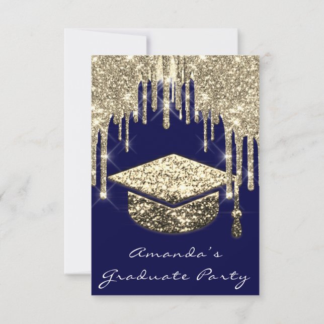 Invitación Graduado Drits Gold Cap 3D Glam Blue Navy Invitati (Reverso)