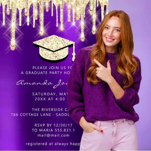 Invitación Graduado Drits Gold Cap Purpurina Glam Purple 3D (Graduate Drips Gold Cap Glitter Glam Purple 3D Invitation)
