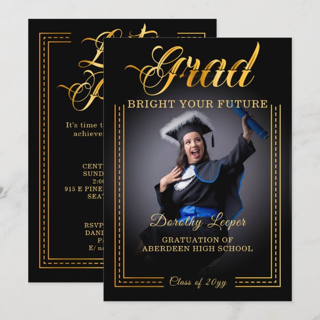 Invitación GRADUADO. El toque dorado Brilla tu futuro (Anverso / Reverso)