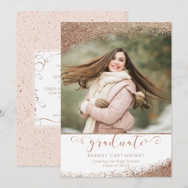 Invitación Graduado elegante de guiones del Purpurina de oro  (Anverso / Reverso)