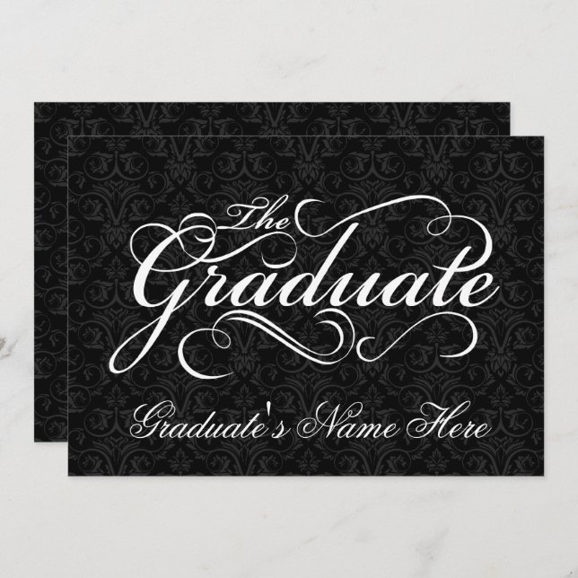 Invitación Graduado elegante y negro Damasco (Anverso / Reverso)