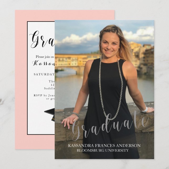 Invitación Graduado En Graduación De Foto De Guión Plateado (Anverso / Reverso)