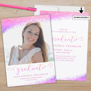 Invitación Graduado Fancy Script Pink Faux Purpurina Photo