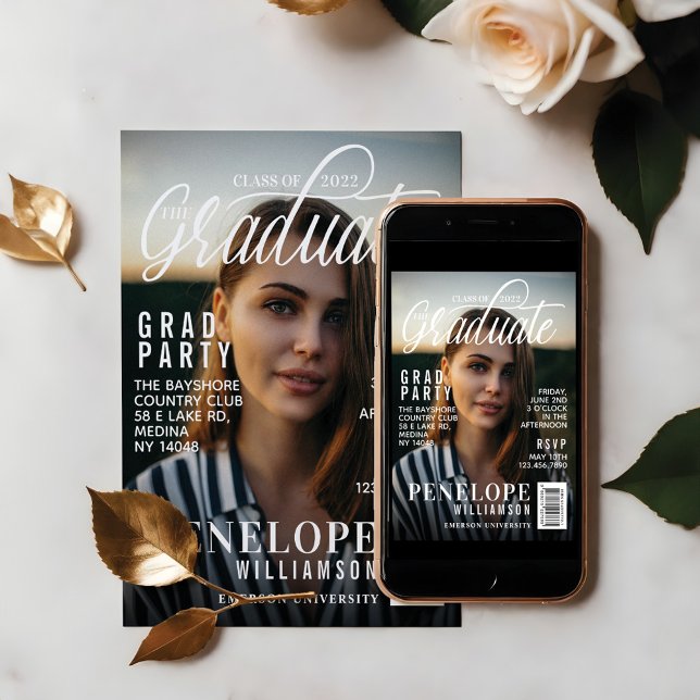 Invitación Graduado Fiesta de Grado de Foto de Portada de Rev (Graduate Stylish Magazine Cover Photo Grad Party Invitation)