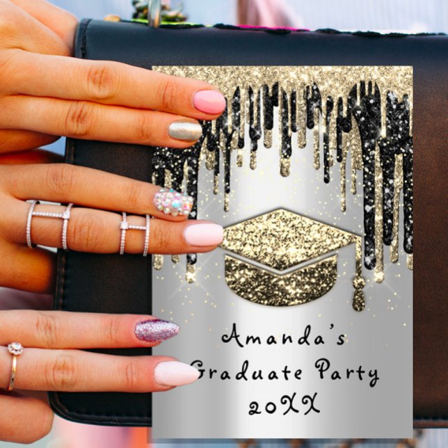 Invitación Graduado Fiesta Drip Purpurina Cup Gold Silver (Subido por el creador)