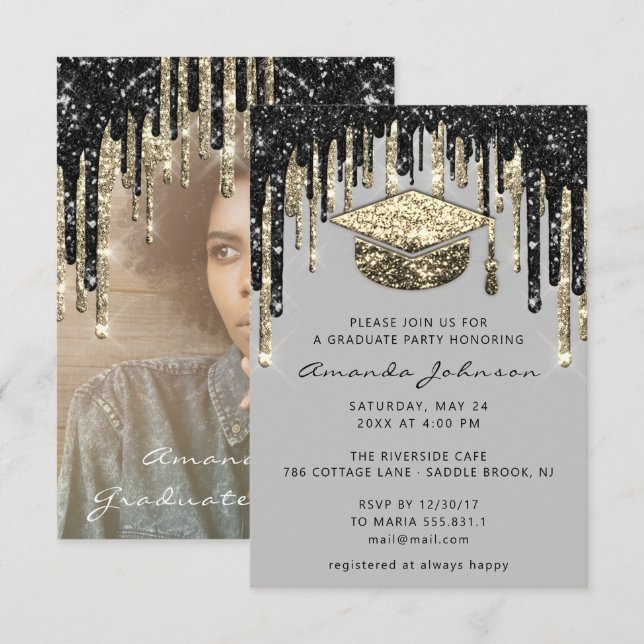 Invitación Graduado Fiesta Dris Cap Purpurina Foto Faux Gold (Anverso / Reverso)