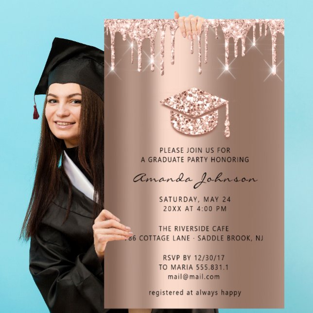 Invitación Graduado Fiesta Dris Rosa Gold Cap 3D Rubor (Graduate Party Drips Rose Gold Cap 3D Blush Invitation)